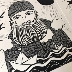 lino print original printing A3 size sailor illustration sea print print made with rubber block limited edition image 4