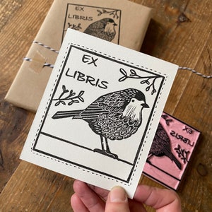 Rubber stamp  | Ex libris stamp | available with or without text | hand carved stamp  | illustration | autumn design | wrapping paper | bird