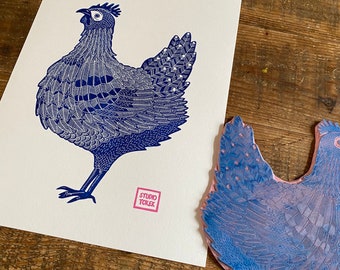 lino print |  original printing | A3 size | chicken | illustration | chicken print | print made with rubber block | limited edition |