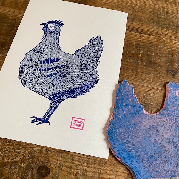 lino print |  original printing | A3 size | chicken | illustration | chicken print | print made with rubber block | limited edition |