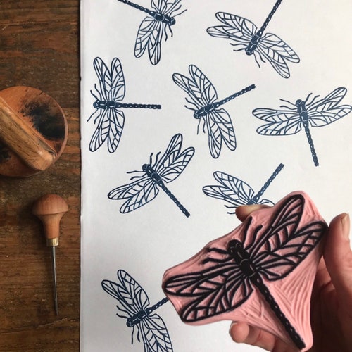 Rubber stamp | hand carved stamp | dragon fly | insect stamp | mounted or unmounted |  floral design | insects | animals
