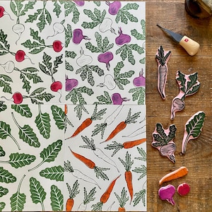 Rubber stamp vegetables | hand carved stamps | mounted or unmounted | cooking | basil | floral design | kitchen | Vegetable stamp