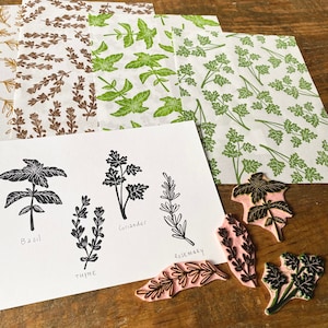 Rubber stamp herbs  | hand carved stamps | mounted or unmounted | cooking | basil | floral design | kitchen | herb stamps | kitchen stamp