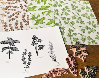 Rubber stamp herbs  | hand carved stamps | mounted or unmounted | cooking | basil | floral design | kitchen | Herbs