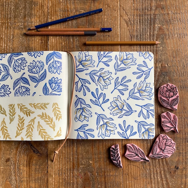 Set of 5 hand carved stamps | hand carved stamp | flower | spring flower | floral design | spring | Scandinavian | flower stamp