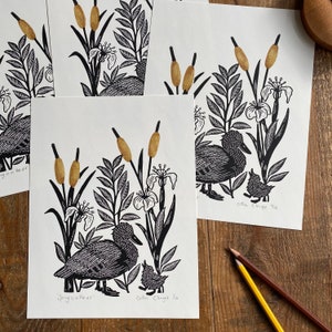 lino print |  original printing | duck | cute illustration | fun print | print made with rubber stamps | limited edition