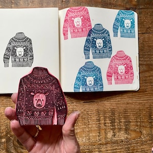 Christmas Sweater stamp  | hand carved stamp |  mounted on wood | stamping | pattern | christmas stamp | winter stamp | sweater