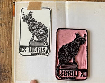 Rubber stamp  | Ex libris stamp  | hand carved stamp | mounted or unmounted | illustration | autumn design | wrapping paper | book | cat