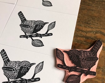 Rubber stamp | bird | hand carved stamp | mounted or unmounted | bird illustration | animal design | wren