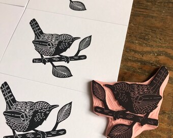 Rubber stamp | bird | hand carved stamp | mounted or unmounted | bird illustration | animal design | wren