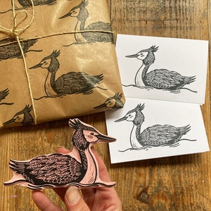 Rubber stamp bird hand carved stamp mounted or unmounted bird illustration animal design grebe image 1