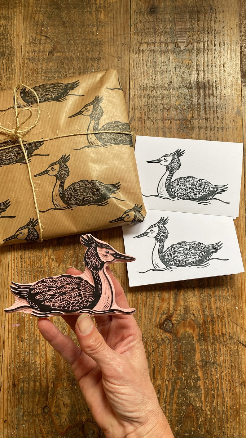Rubber stamp bird hand carved stamp mounted or unmounted bird illustration animal design grebe image 1
