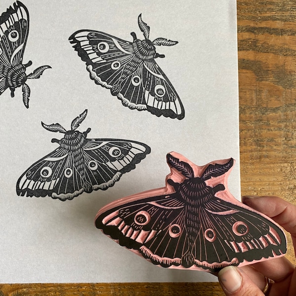 Rubber stamp | hand carved stamp | mounted or unmounted | moth | moth stamp | floral design | insects | animals | butterfly