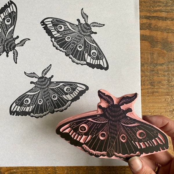 Hand Carved Moth Rubber Stamp | Floral Insect Design