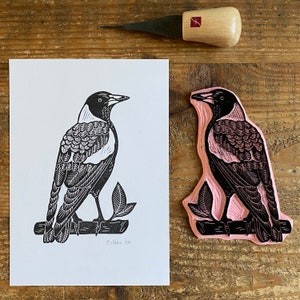 Rubber stamp | bird | hand carved stamp | mounted or unmounted | bird illustration | animal design | Australian magpie | magpie stamp