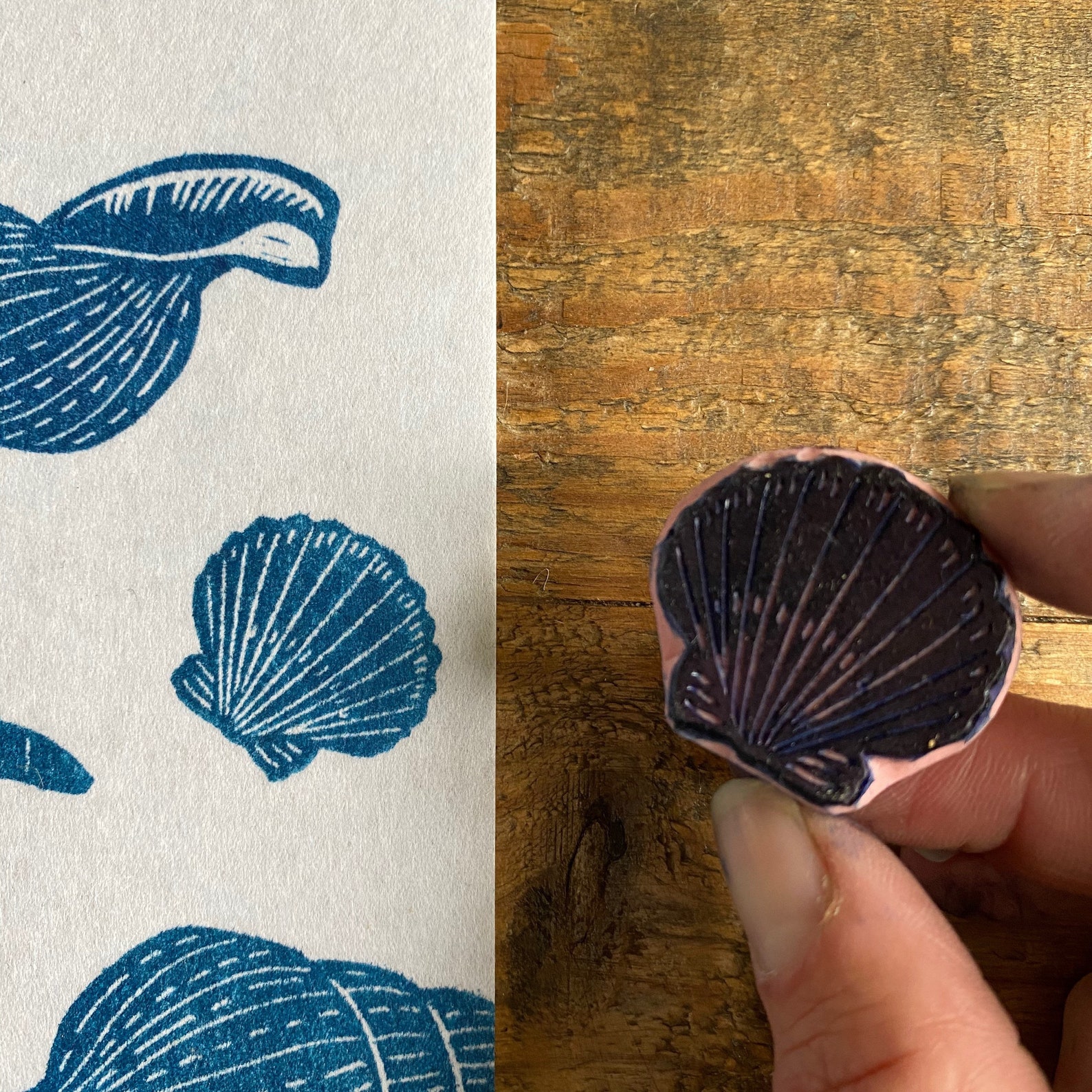 Stamp Using Shell Set of 3 Rubber Stamps | Set B | Hand Carved Stamp | Mounted on Wood ...