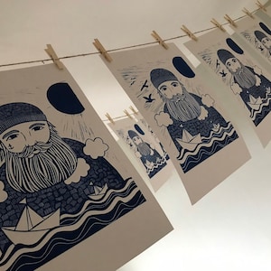 lino print original printing A3 size sailor illustration sea print print made with rubber block limited edition image 6