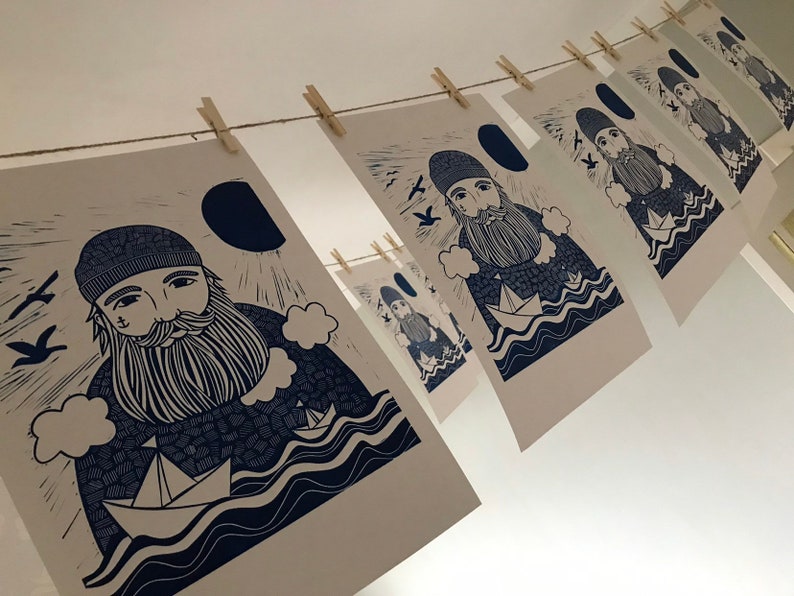 lino print original printing A3 size sailor illustration sea print print made with rubber block limited edition image 6