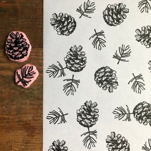 Rubber stamp set | pine cone | hand carved stamp | mounted or unmounted | illustration | autumn design | wrapping paper | pine