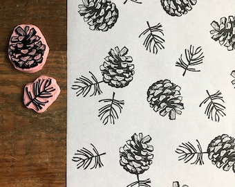 Rubber stamp set | pine cone | hand carved stamp | mounted or unmounted | illustration | autumn design | wrapping paper | pine
