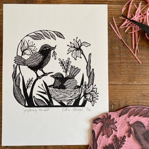 lino print |  original printing | birds | preparing the nest | pregnancy | print made with rubber stamps | limited edition