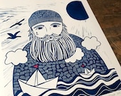 lino print original printing A3 size sailor illustration sea print print made with rubber block limited edition