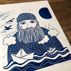 lino print |  original printing | A3 size | sailor | illustration | sea print | print made with rubber block | limited edition |