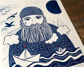 lino print |  original printing | A3 size | sailor | illustration | sea print | print made with rubber block | limited edition |