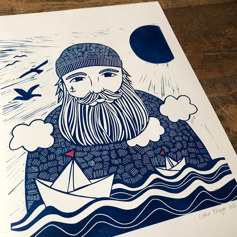 lino print original printing A3 size sailor illustration sea print print made with rubber block limited edition image 1