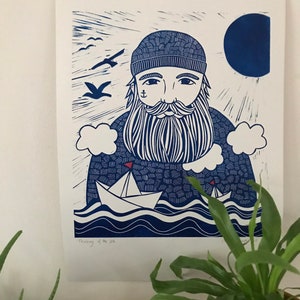 lino print original printing A3 size sailor illustration sea print print made with rubber block limited edition image 5