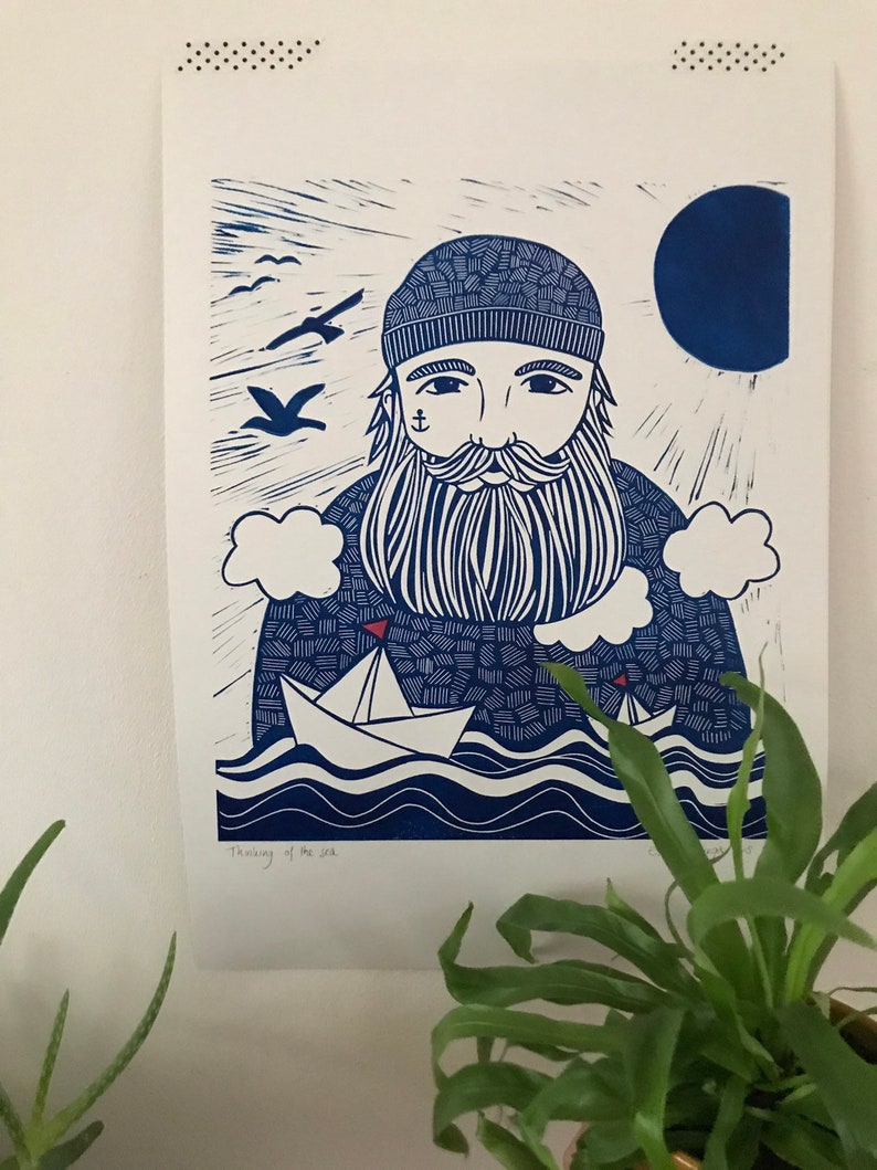 lino print original printing A3 size sailor illustration sea print print made with rubber block limited edition image 5