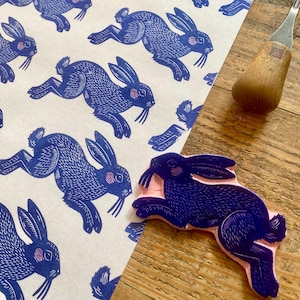 Rubber stamp | rabbit stamp  | hand carved stamp | mounted or unmounted | rabbit illustration | animal design | winter stamp