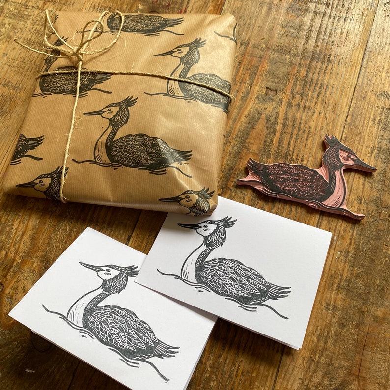 Rubber stamp bird hand carved stamp mounted or unmounted bird illustration animal design grebe image 3