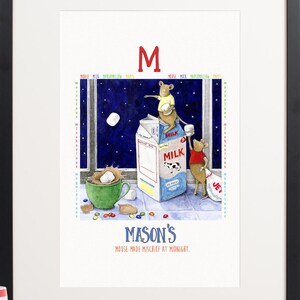 personalized print,nursery wall art,alphabet print,printable baby art,digital download,custom name,animal art,watercolor,letter M,mouse art