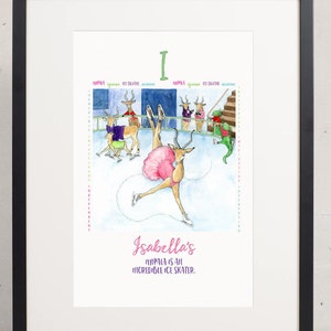 arte de bebê personalizada, arte de parede de berçário, impressão de alfabeto, arte de bebê imprimível, download digital, nome personalizado, patinadora no gelo, aquarela, letra I, impala