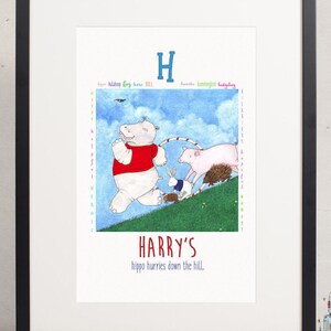 personalized baby art,nursery wall art,alphabet print,printable baby art,digital download,custom name and colors, hippo, watercolor,letter H
