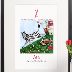 personalized baby art,nursery wall art,alphabet print,printable,kid&#39;s art,digital download,custom name,animal art,watercolor,letter Z,zebra