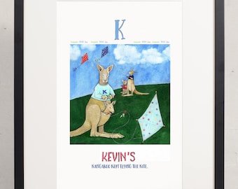 Personalizowane Baby art, przedszkola ściany sztuki, druk alfabetu, do druku, Digital Download, nazwa własna/kolory, sztuki zwierząt, akwarela, list K, kangur,