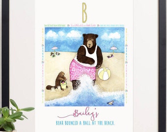 personalized baby art,nursery wall art,alphabet print,printable baby art,digital download,custom name/colors,bear art,animal art,ball art