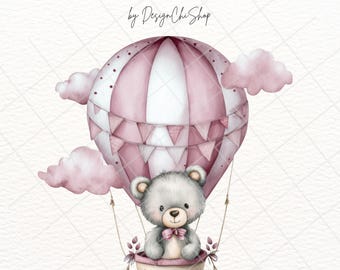 Watercolor Pink Teddy Bear PNG, Hot Air Balloon Baby Shower, Baby Girl Nursery Decor, Commercial Use, Digital Download