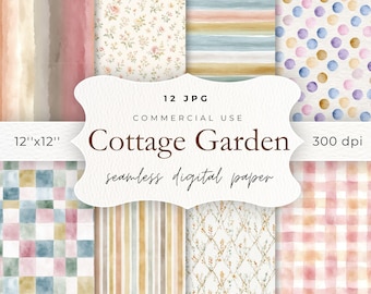 Watercolor Cottage Garden Seamless Patterns, Pastel Floral, Gingham, Stripe, Polka Dot Digital Paper for Scrapbooking