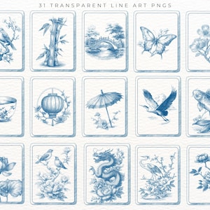 Pu&ograve; includere: Una collezione di 15 illustrazioni in bianco e blu su sfondo bianco. Le illustrazioni raffigurano vari motivi di ispirazione asiatica, tra cui uccelli, bamb&ugrave;, ponti, farfalle, fiori e un drago. Il testo "31 TRANSPARENT LINE ART PNGS" &egrave; in alto.