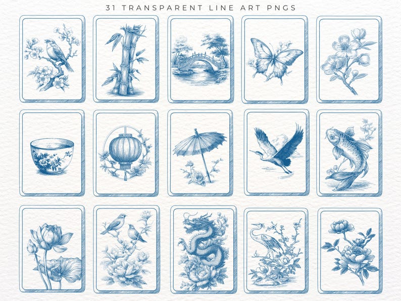 Pu&ograve; includere: Una collezione di 15 illustrazioni in bianco e blu su sfondo bianco. Le illustrazioni raffigurano vari motivi di ispirazione asiatica, tra cui uccelli, bamb&ugrave;, ponti, farfalle, fiori e un drago. Il testo "31 TRANSPARENT LINE ART PNGS" &egrave; in alto.