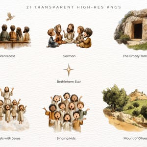 May include: Watercolour illustrations depicting religious scenes such as Pentecost, Sermon, The Empty Tomb, Bethlehem Star, Angels with Jesus, Singing kids, and Mount of Olives. The text "21 TRANSPARENT HIGH-RES PNGS" is at the top.