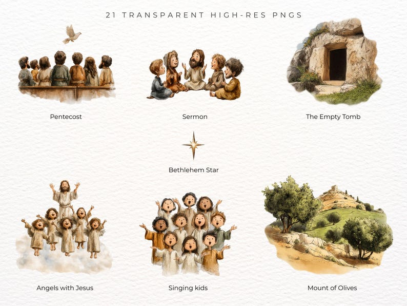 May include: Watercolour illustrations depicting religious scenes such as Pentecost, Sermon, The Empty Tomb, Bethlehem Star, Angels with Jesus, Singing kids, and Mount of Olives. The text "21 TRANSPARENT HIGH-RES PNGS" is at the top.