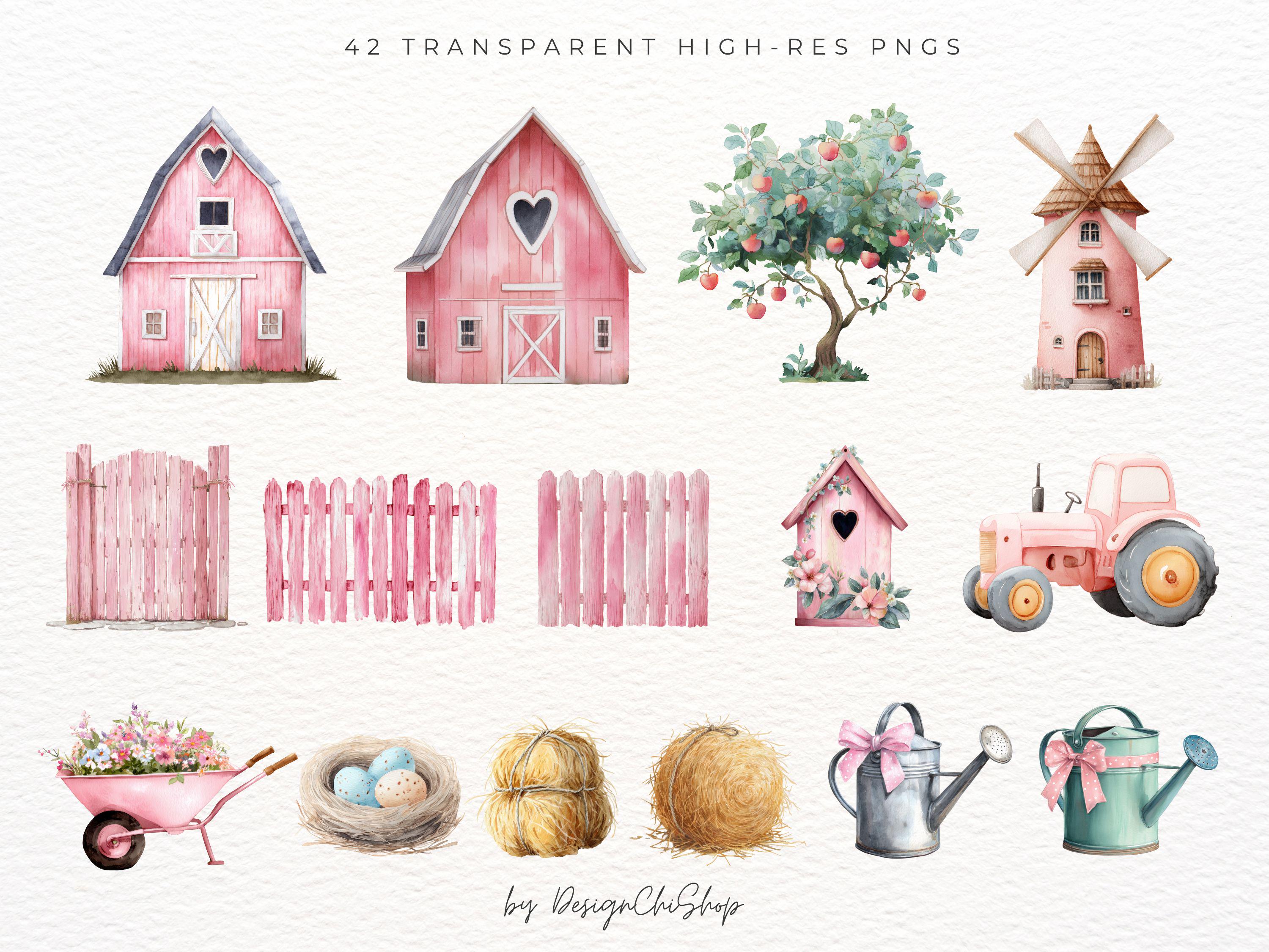 Cute Farm Animals Clipart, Watercolor Pink Farm, Pastel Barn, Nursery ...