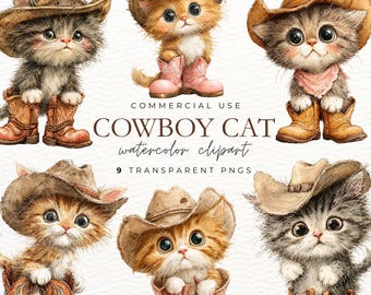 Cowboy Cat Watercolor Clipart Bundle, Cute Kitten PNG for Western Nursery Decor & Birthday Sublimation