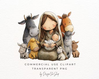 Nativity Scene Watercolor Clipart | Christmas Story PNG | Bible Stories | Mary | Baby Jesus | Manger | Digital Download | Commercial Use