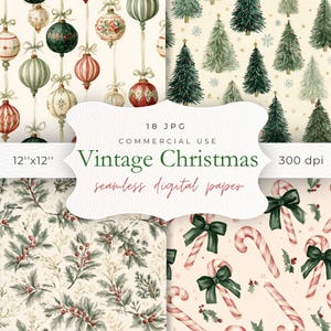 May include: A digital paper set featuring 18 JPG files with 12x12 inch dimensions at 300 dpi. The patterns include hanging Christmas ornaments, evergreen trees with snowflakes, holly leaves with red berries, and candy canes with green bows.