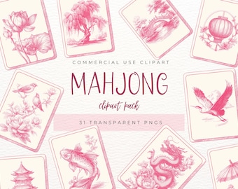 Mahjong Tiles Clipart Bundle | Toile De Jouy | Floral Mahjong PNG  | Pink Chinoiserie Art | Seamless Patterns | Digital Download